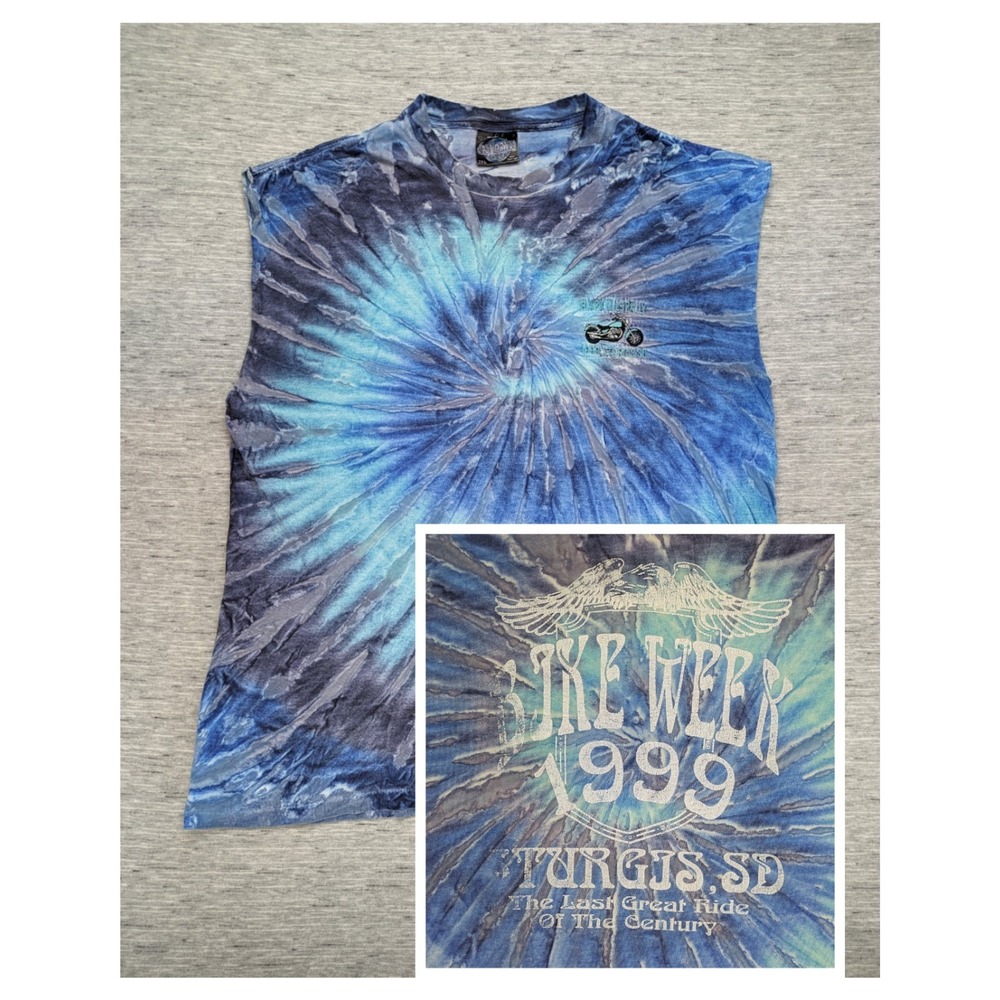 Vtg Y2K Black Hills Rally Tank Top 1999 Tie Dye USA Graphic Biker Hippie Grunge